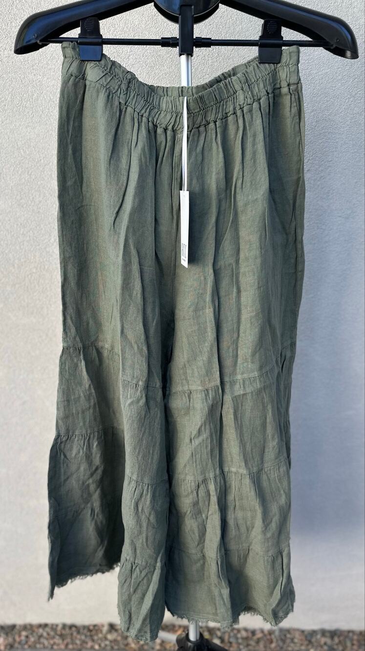 NWT Kaktus Italy 100% Linen Tiered Wide Leg Pants Olive Green Elastic Waist XL